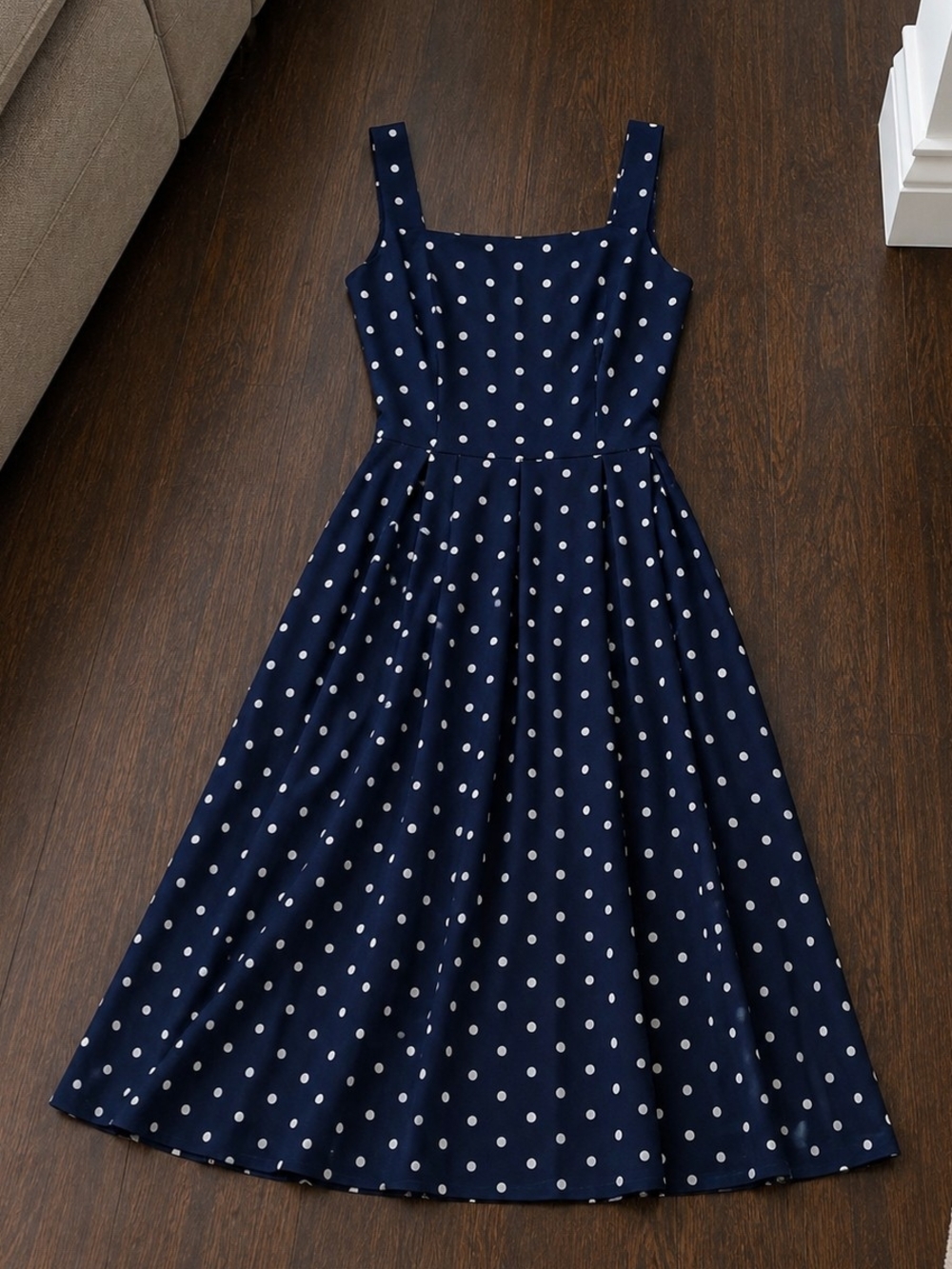 Navy Polka Dot Midi Dress with Square Neckline